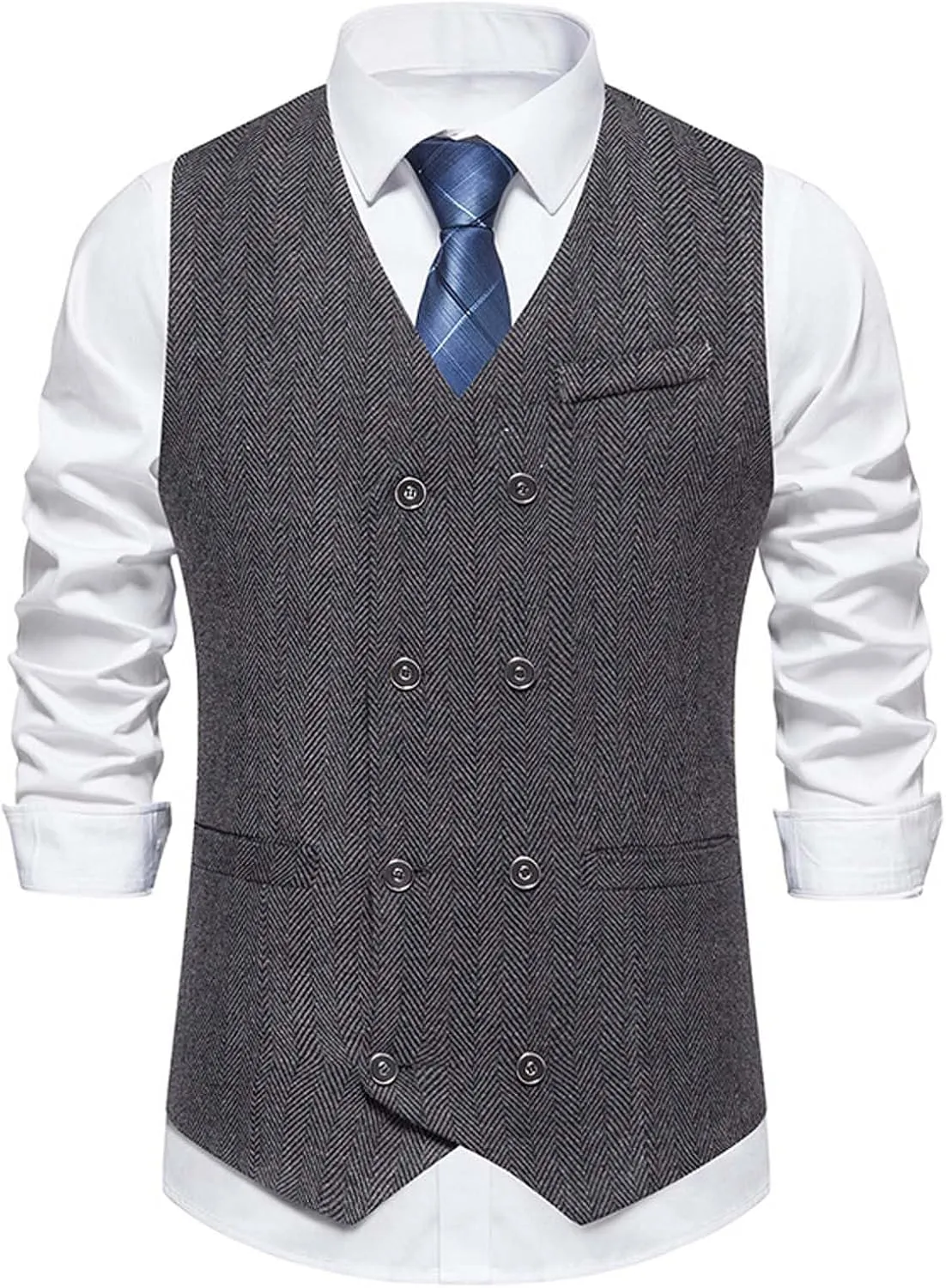 Zeiyignr Mens Business Casual Suit Vest V Neck Double Breasted Dress Vests Tweed Slim Fit Waistcoat for Wedding Formal Party
