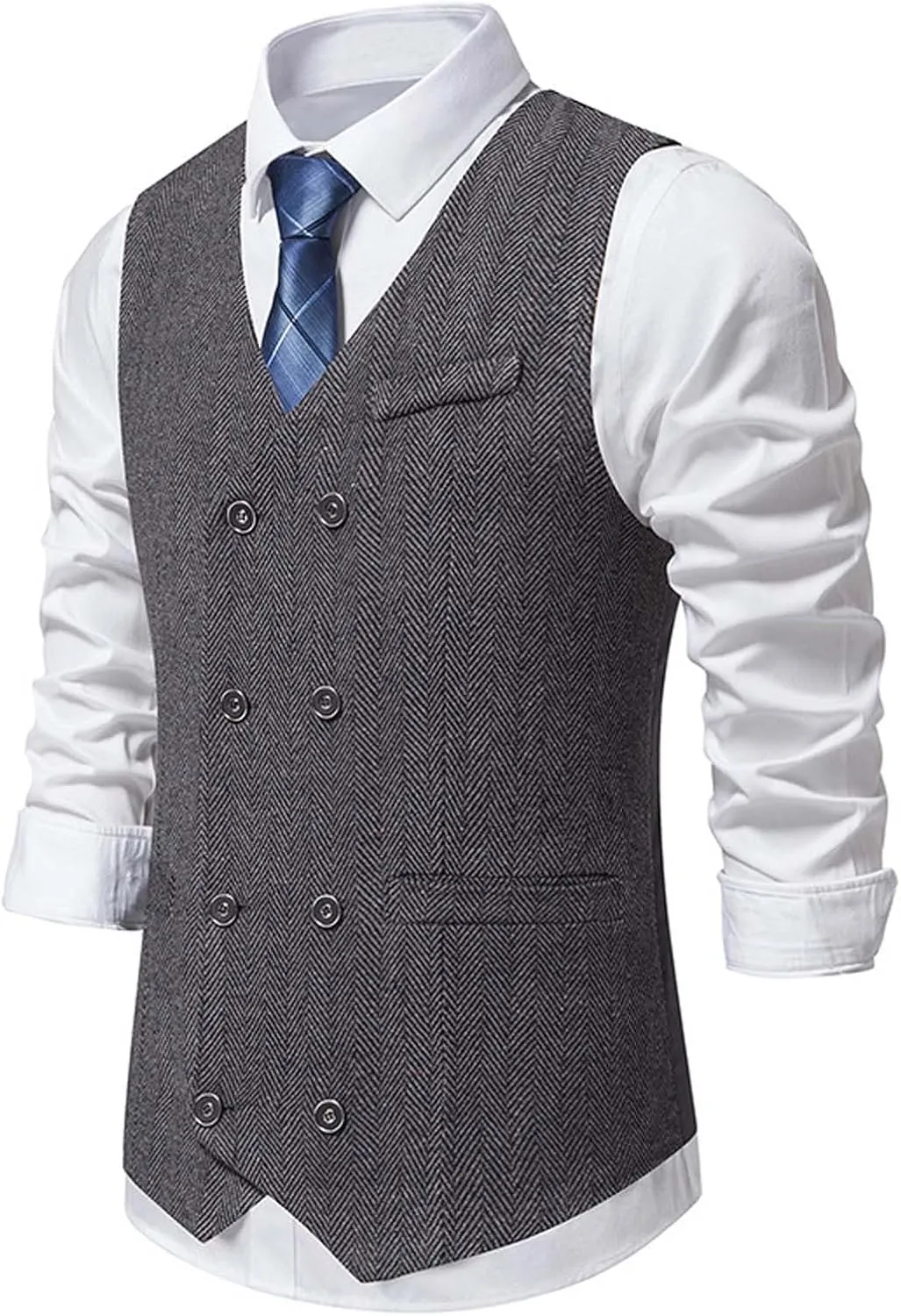 Zeiyignr Mens Business Casual Suit Vest V Neck Double Breasted Dress Vests Tweed Slim Fit Waistcoat for Wedding Formal Party