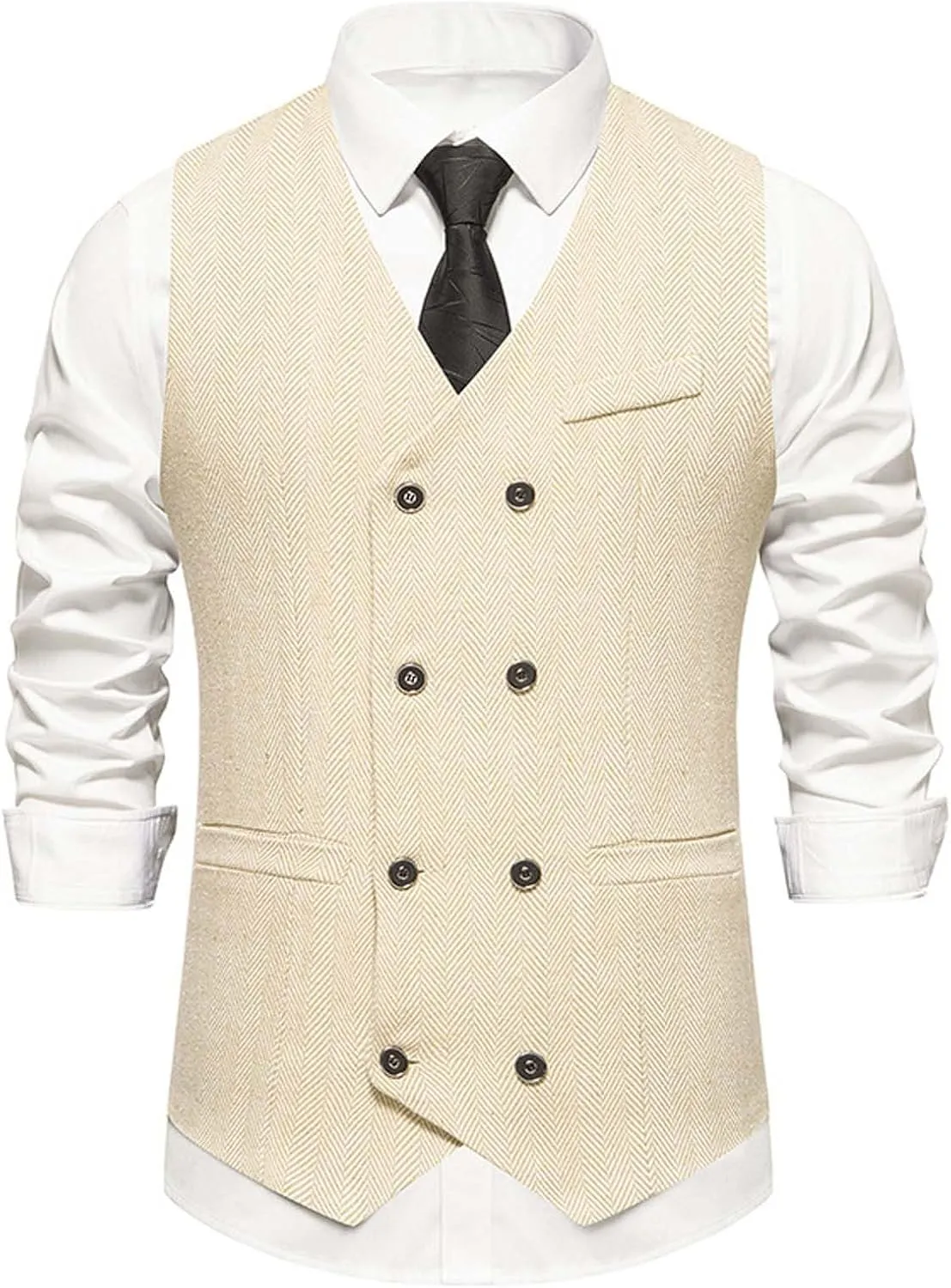 Zeiyignr Mens Business Casual Suit Vest V Neck Double Breasted Dress Vests Tweed Slim Fit Waistcoat for Wedding Formal Party
