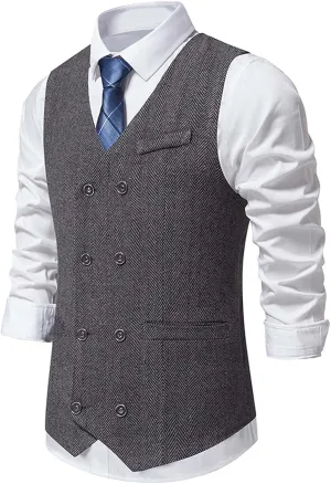 Zeiyignr Mens Business Casual Suit Vest V Neck Double Breasted Dress Vests Tweed Slim Fit Waistcoat for Wedding Formal Party
